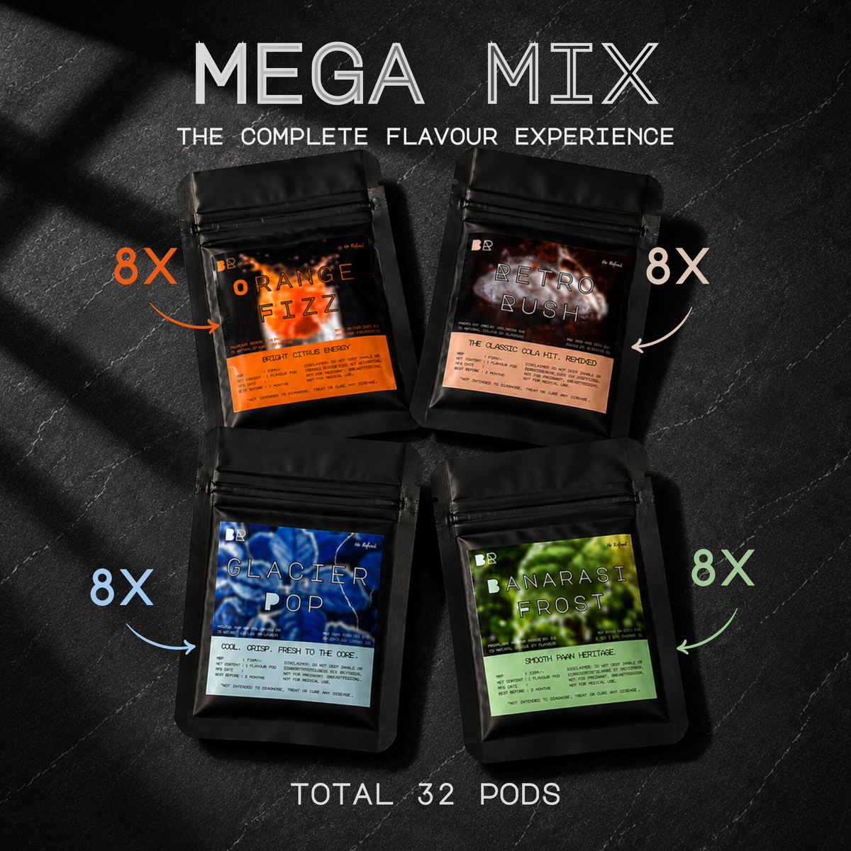 BRYTH Mega Mix with eight pods in each of four flavours, offering 32 pods for flavour variety.