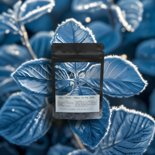BRYTH Glacier Pop flavour pods among frosted leaves, highlighting a cool, crisp aroma.
