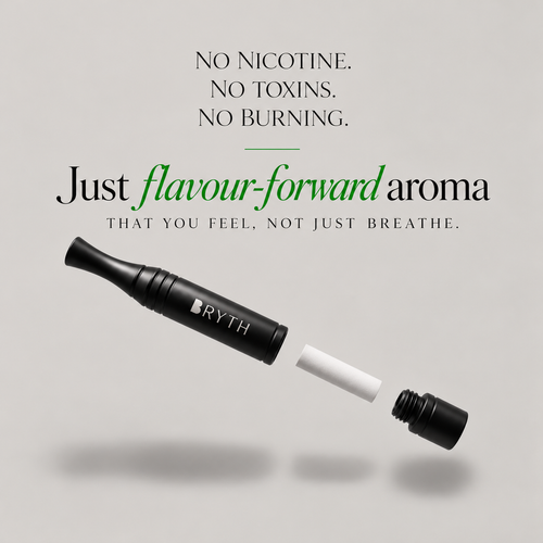 BRYTH device with removable flavour pods, highlighting flavour-forward aroma without nicotine or burning.